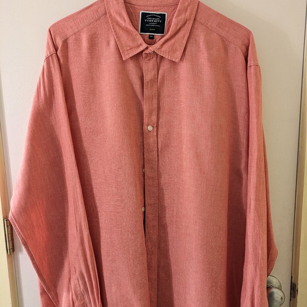 Charles Tyrwhitt Long Sleeve SF Salmon Pink Pure Linen Shirt XXL Slim Fit